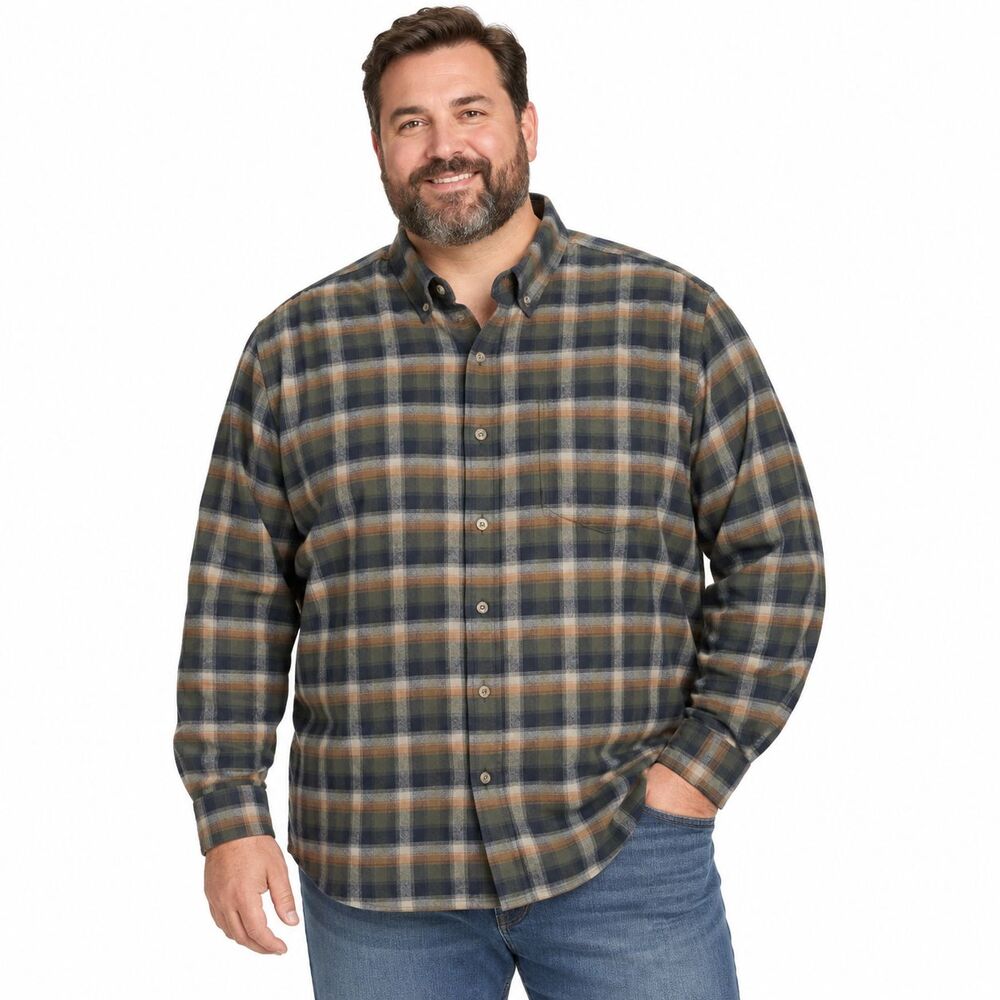 Eddie Bauer Mens 2XL Plaid Flannel Shirt 100% Cotton Green Tan Button Down